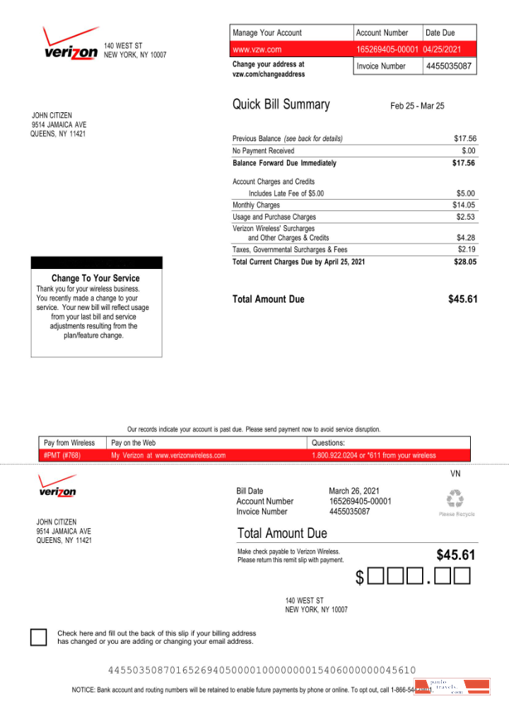 USA Verizon utility bill Word and PDF template, version 3
